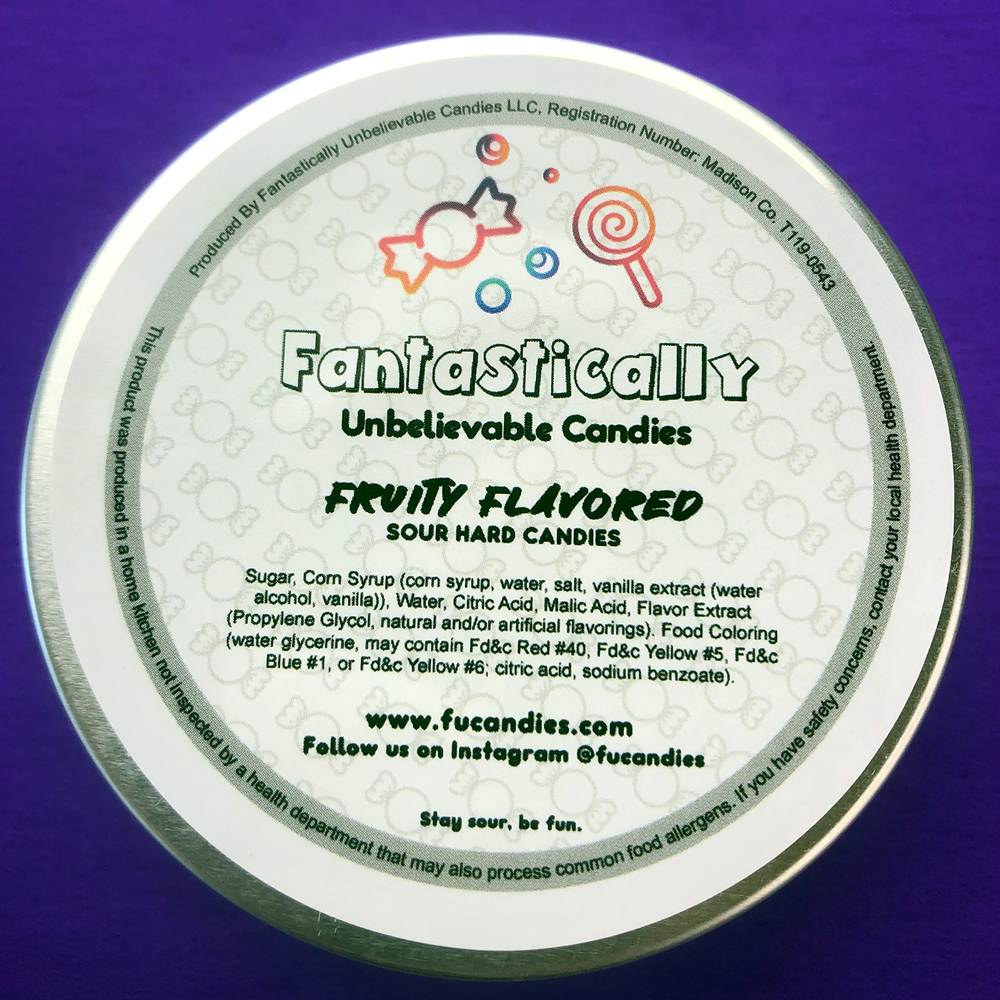 Tin of Fantastically Unbelievable fruity flavored sour hard candies